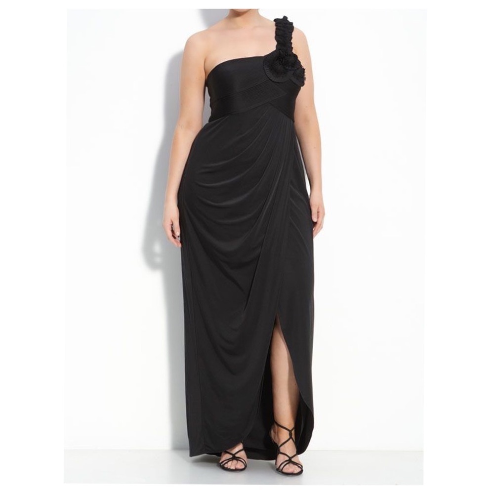 ADRIANNA PAPELL Evening Gown One Shoulder Jersey Dress with Rosette, Black, 4